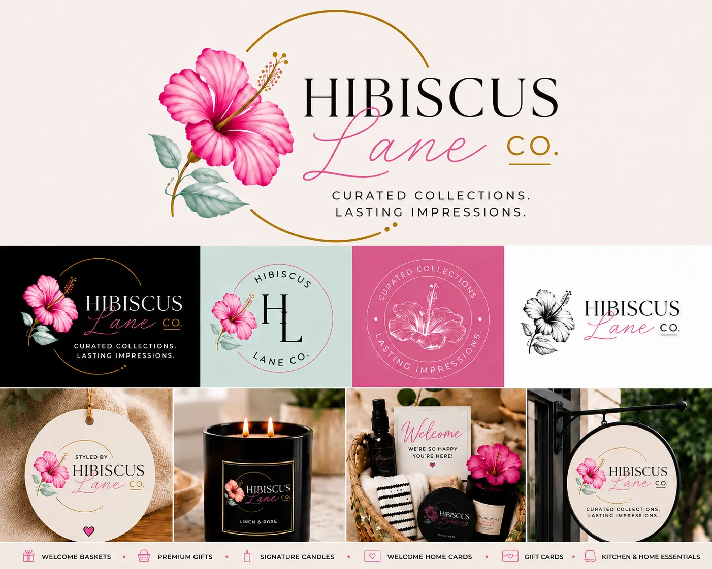 Hibiscus Lane Co. brand collage — Curated Collections. Lasting Impressions. Welcome baskets, premium gifts, signature candles, welcome home cards, gift cards, and kitchen and home essentials.